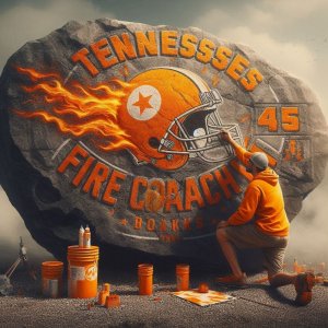 A man in Tennessee orange colors painting Fire Coach Banks on a big rock.jpg