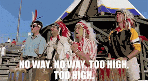 a group of men wearing native american headdress are standing in front of a tent with the words no way no way too high